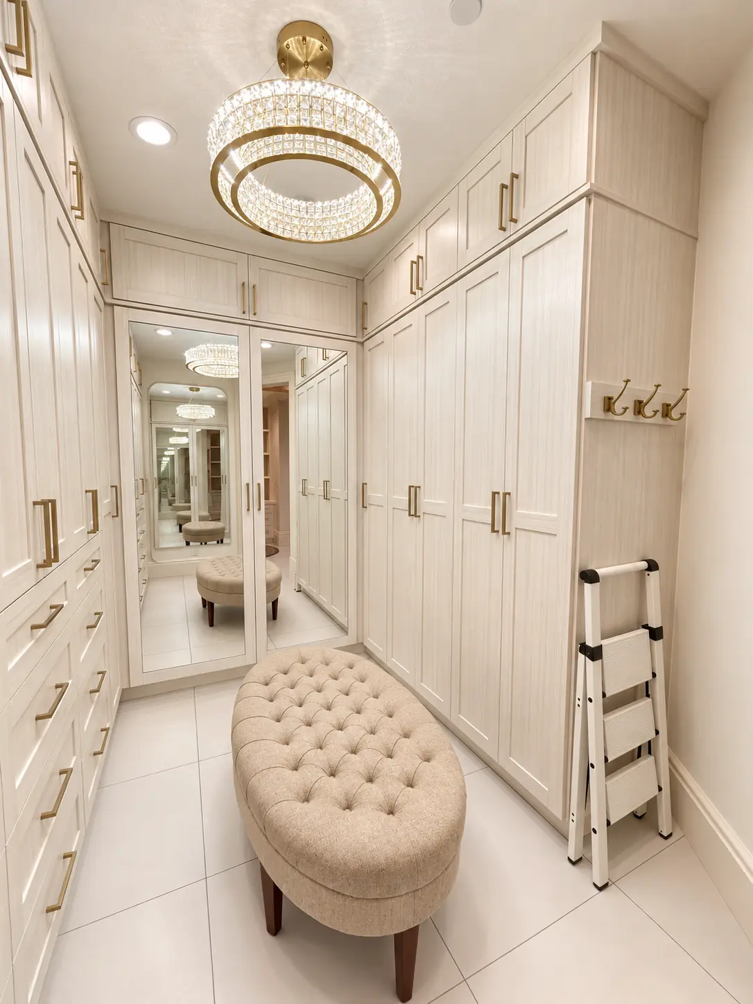Completed custom walk-in closet with floor-to-ceiling cabinetry, brass hardware, and crystal chandelier