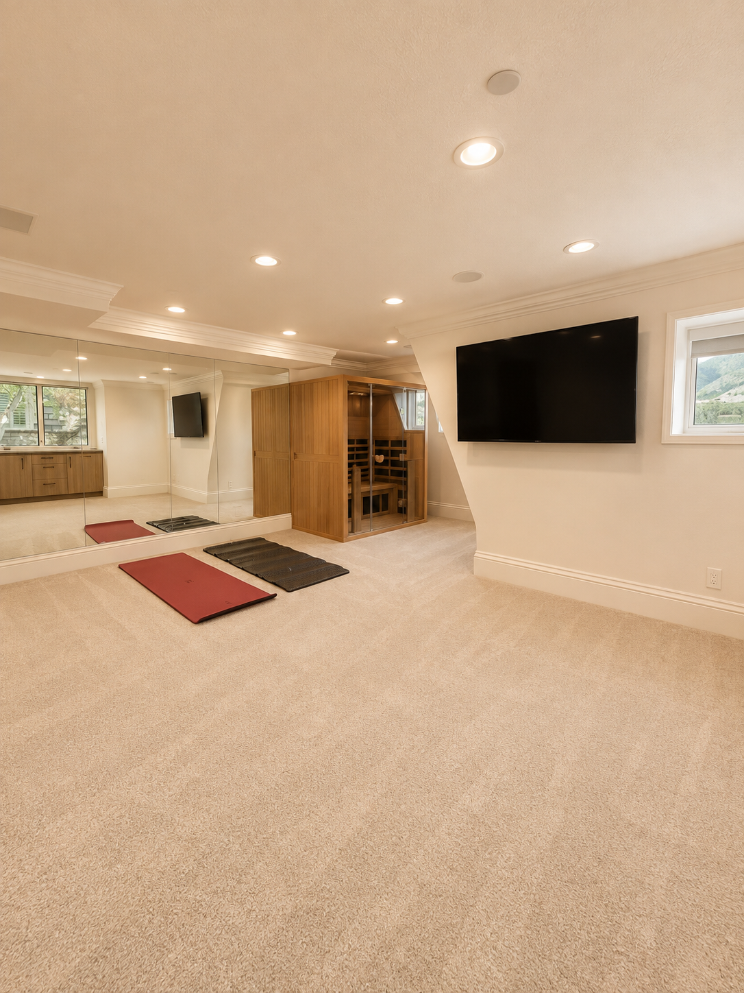 Completed yoga and wellness room with mirrored wall, cedar infrared sauna, and wall-mounted television