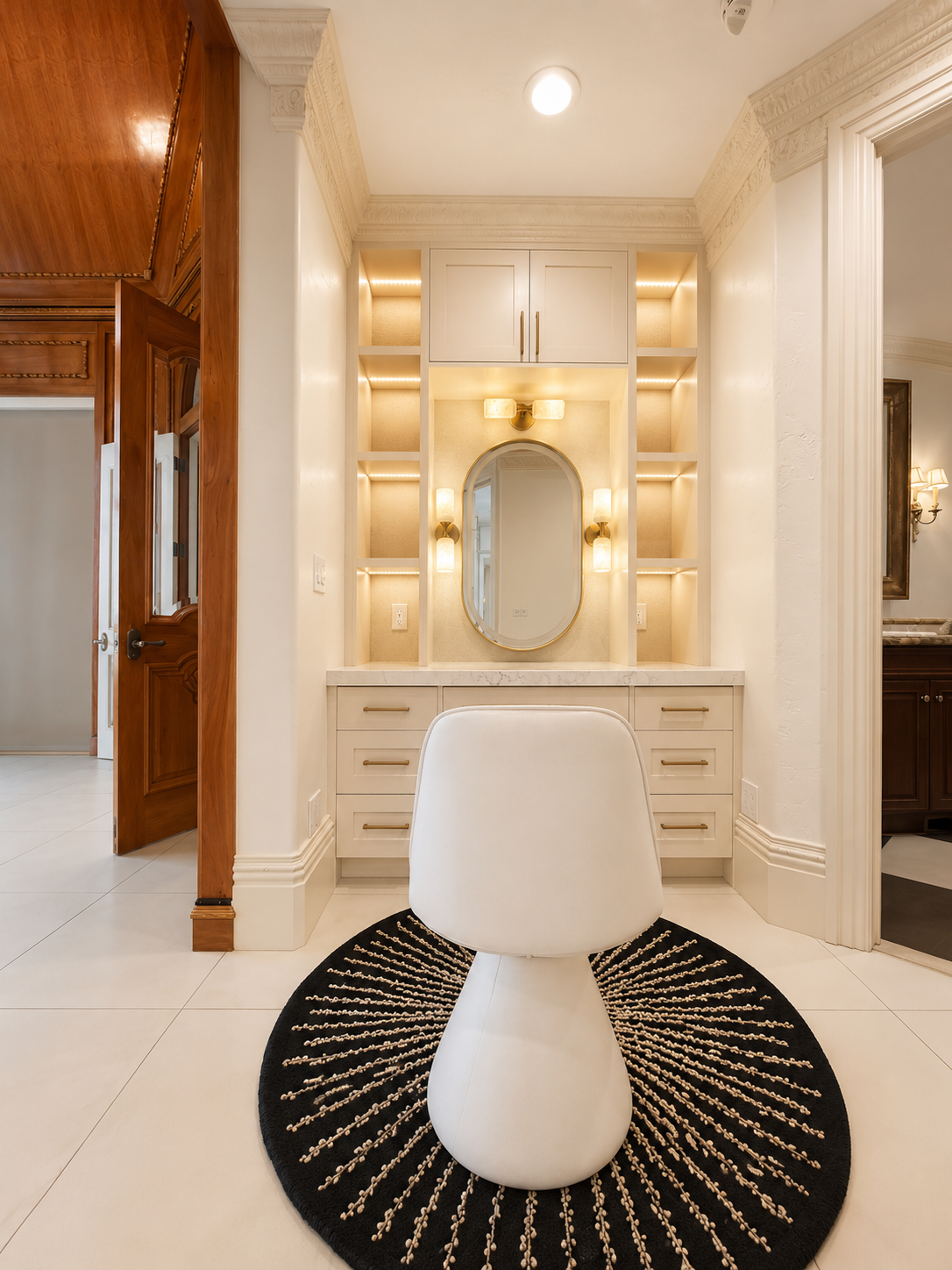 Completed built-in vanity nook with backlit display shelving, oval brass mirror, and marble countertop