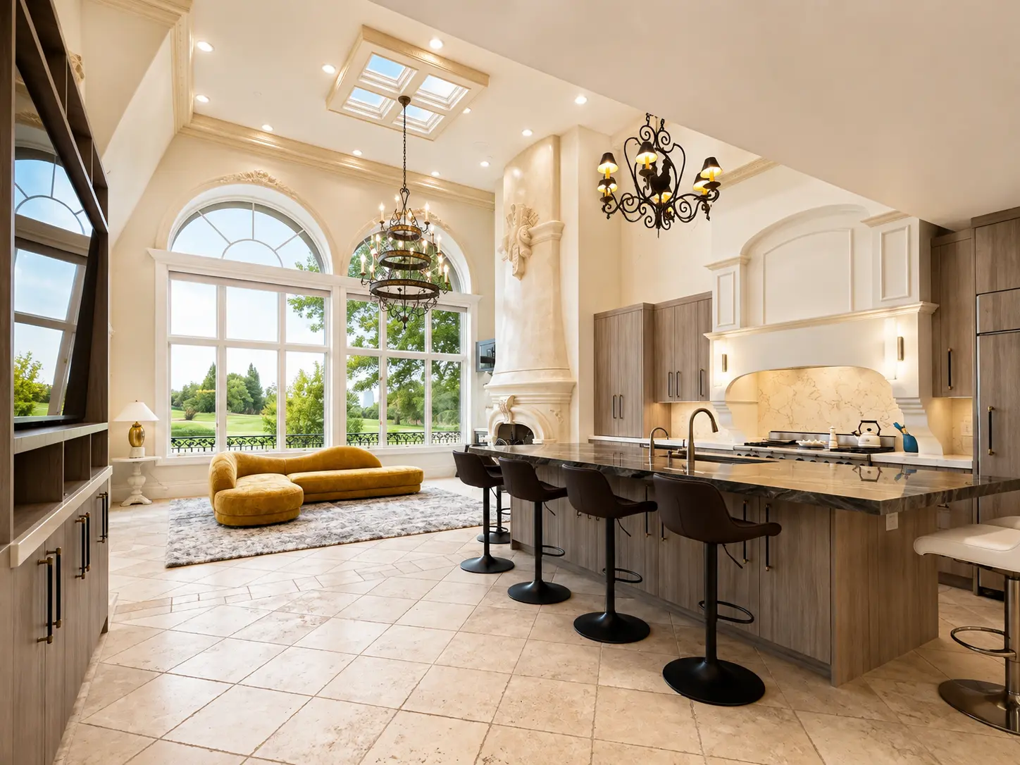Completed chef's kitchen with oversized stone island, custom cabinetry, and arched windows