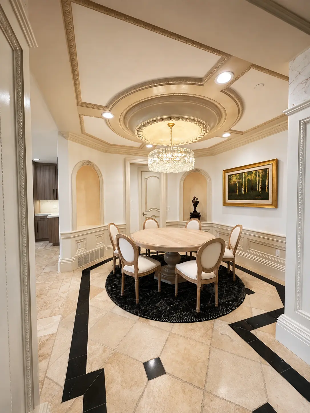 Completed formal dining room with coffered ceiling medallion, crystal chandelier, and stone flooring inlay
