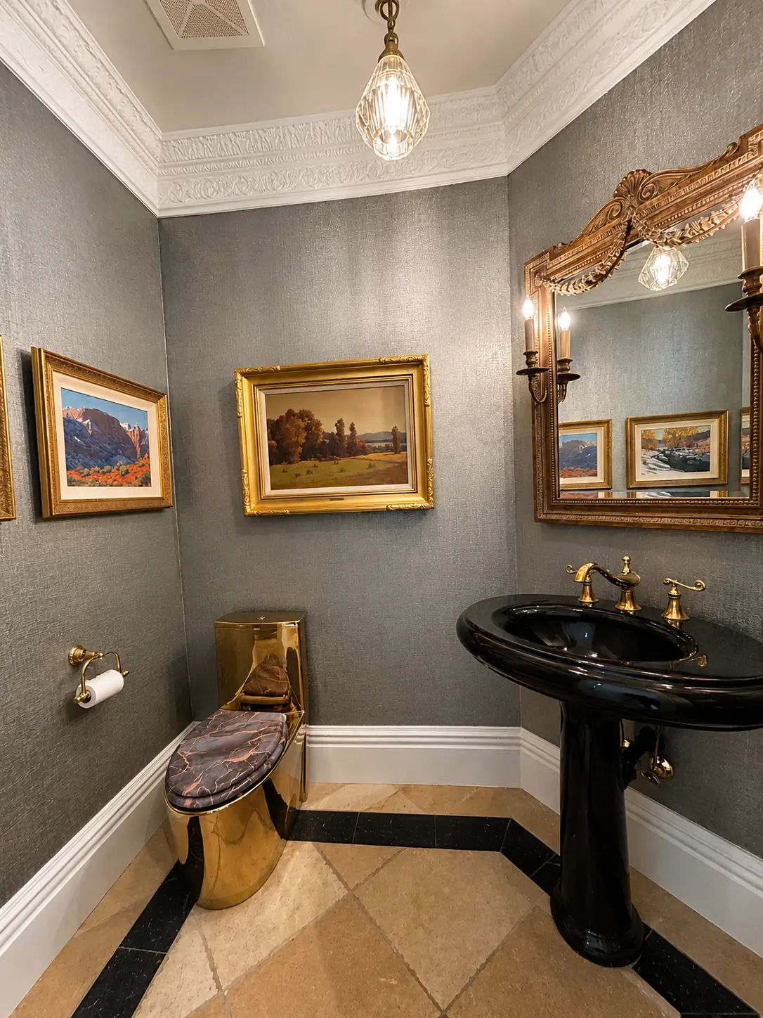 Completed powder bathroom with ornate plaster cornice, gilded mirror, and black pedestal sink