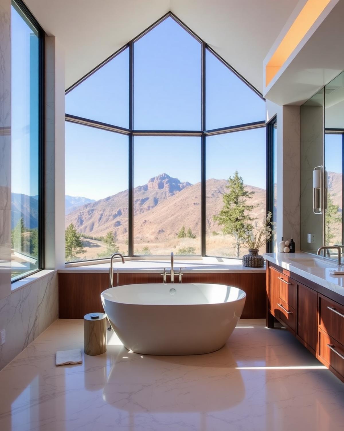 Spa master bathroom with freestanding tub and mountain view